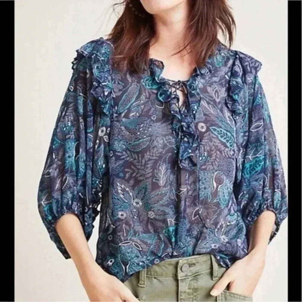Anthropologie | Blue Green Teal Sheer Bohemian Long Sleeve Ruffle Blouse Size M